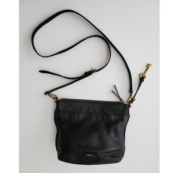 Fossil Handbags - Fossil Black Pebble Leather Crossbody Bag w Zip Top Adjustable Strap